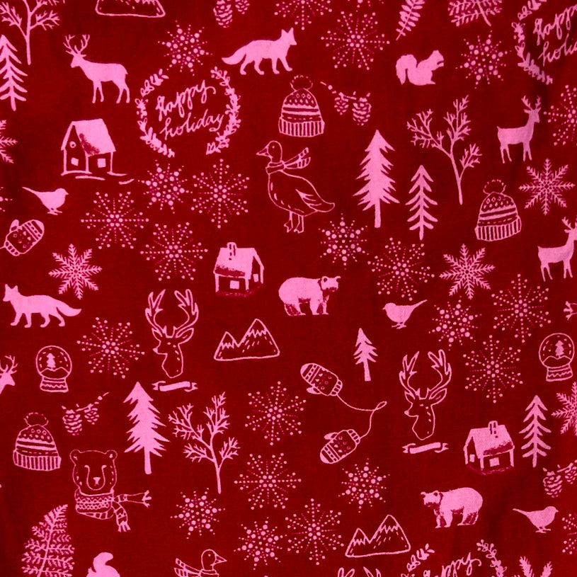 Bright Red Christmas Themed Animal Patterned Flannel Pajama Bottoms