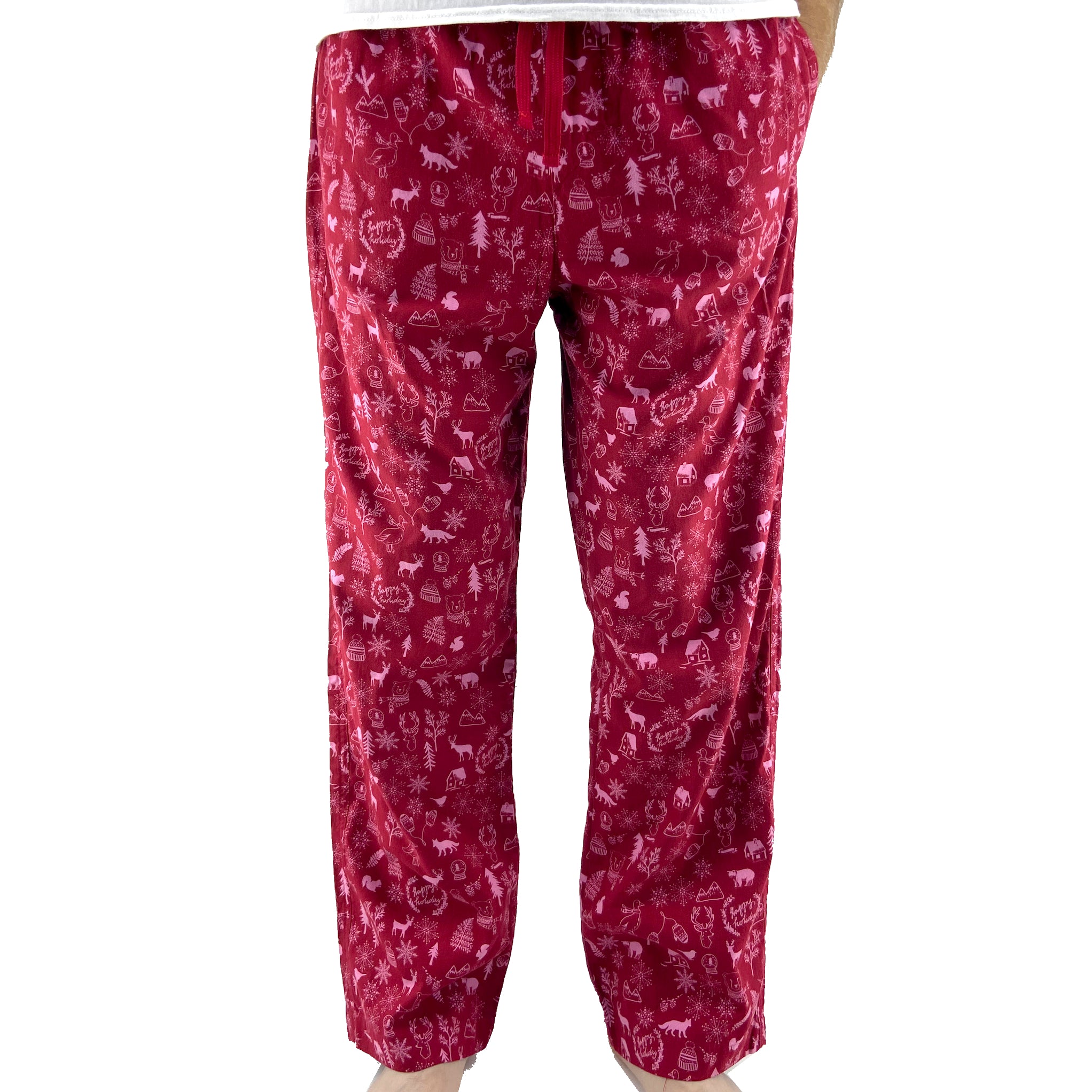 Bright Red Christmas Themed Animal Patterned Flannel Pajama Bottoms