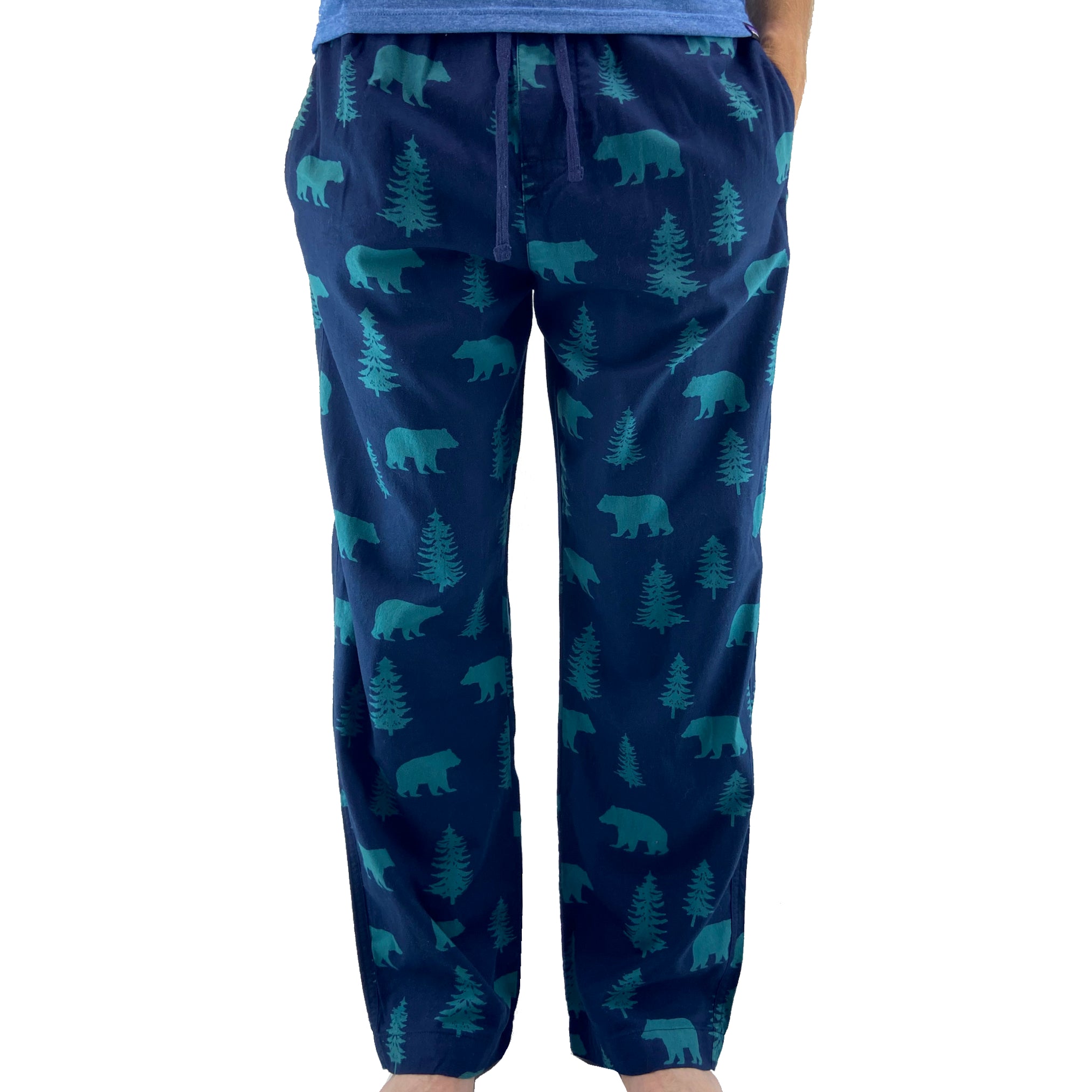 Men's Navy Blue Bear Novelty Print Lightweight Cotton Pajama Bottoms