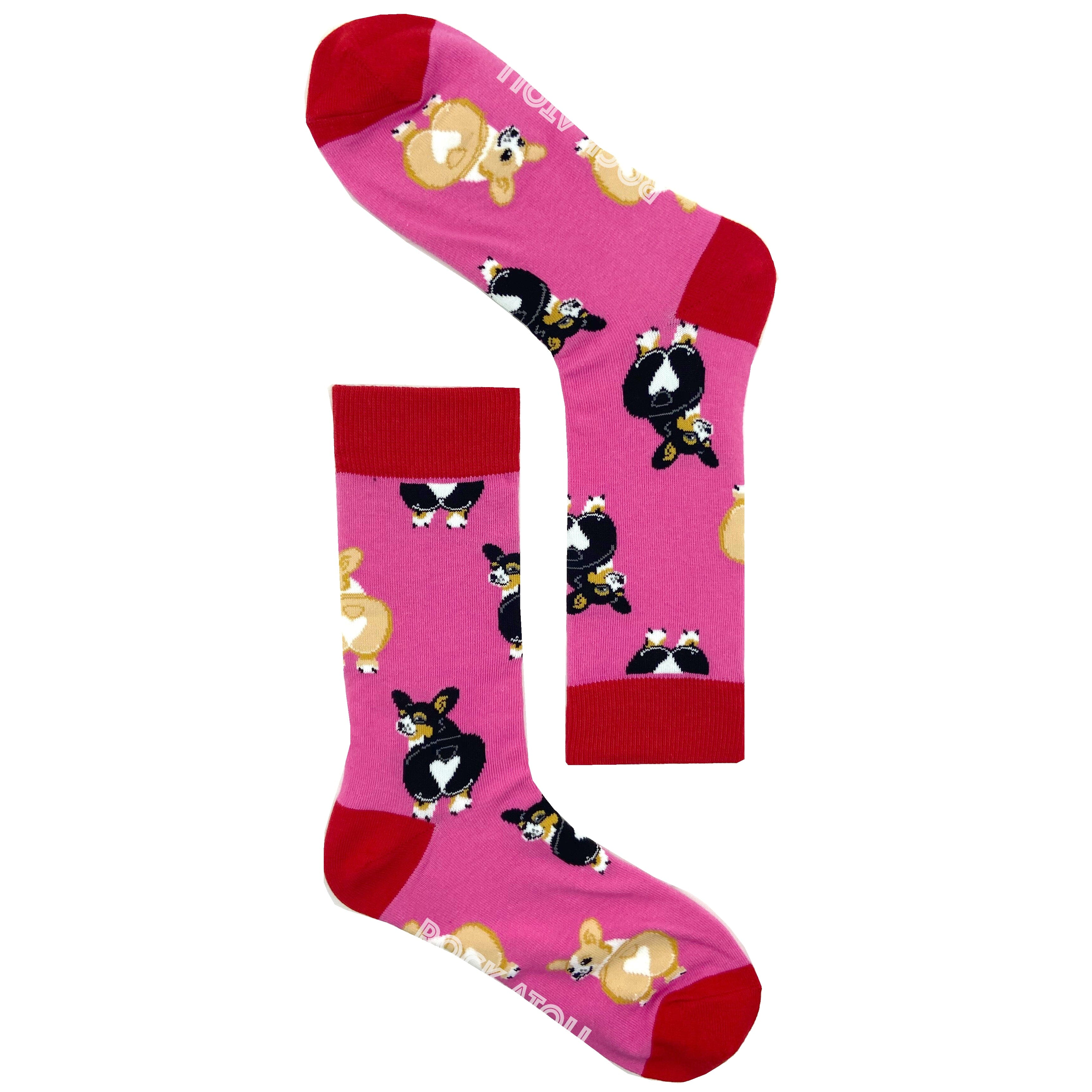 Bright Fuchsia Pink Cute Corgi Butt Patterned Dog Lovers Novelty Socks