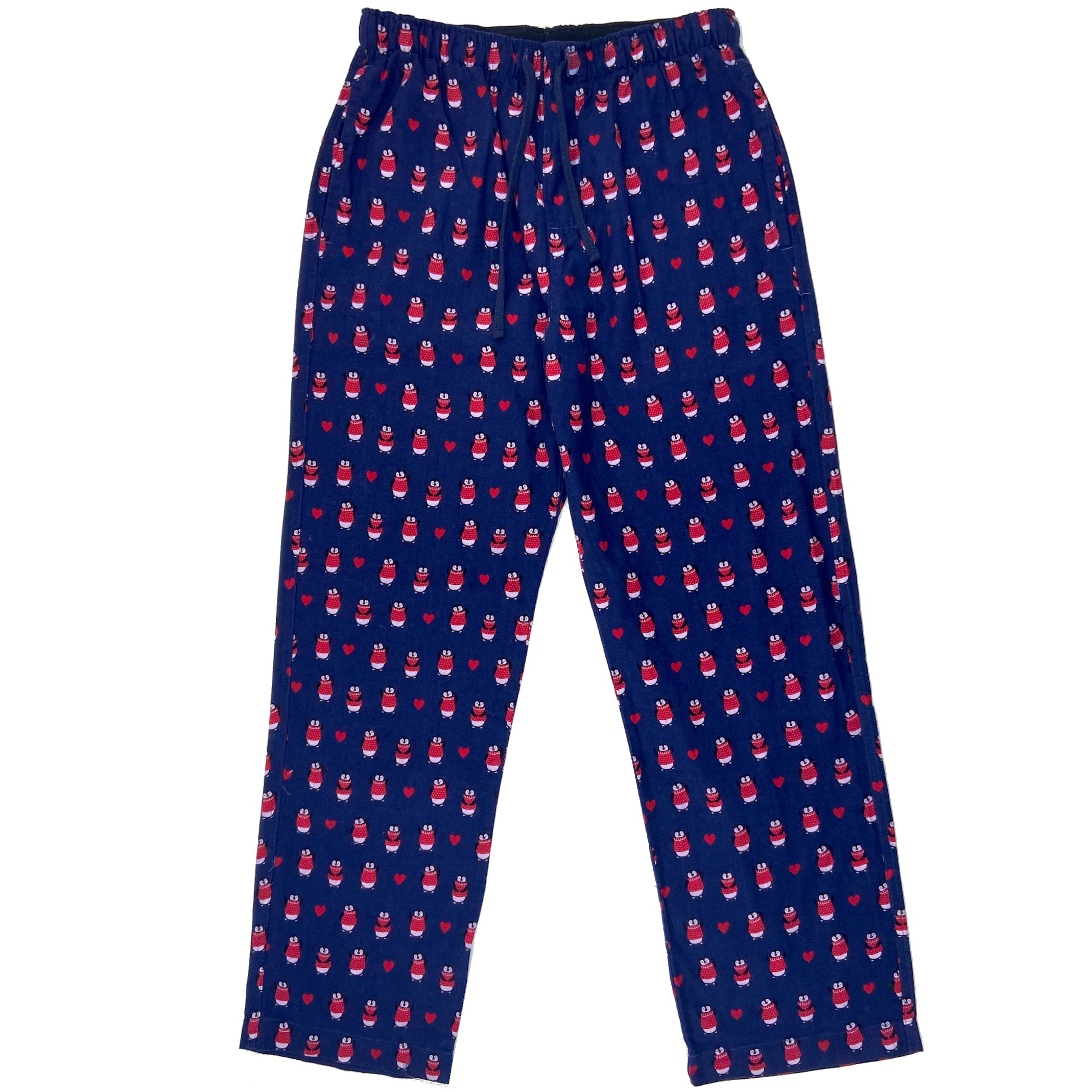 Men's Navy Blue Penguins and Heart Print Flannel Pajama Pant Bottoms