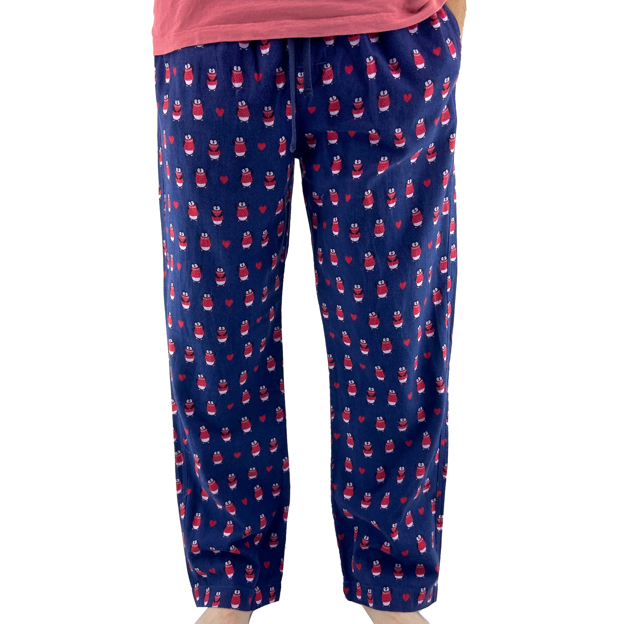 Men's Navy Blue Penguins and Heart Print Flannel Pajama Pant Bottoms