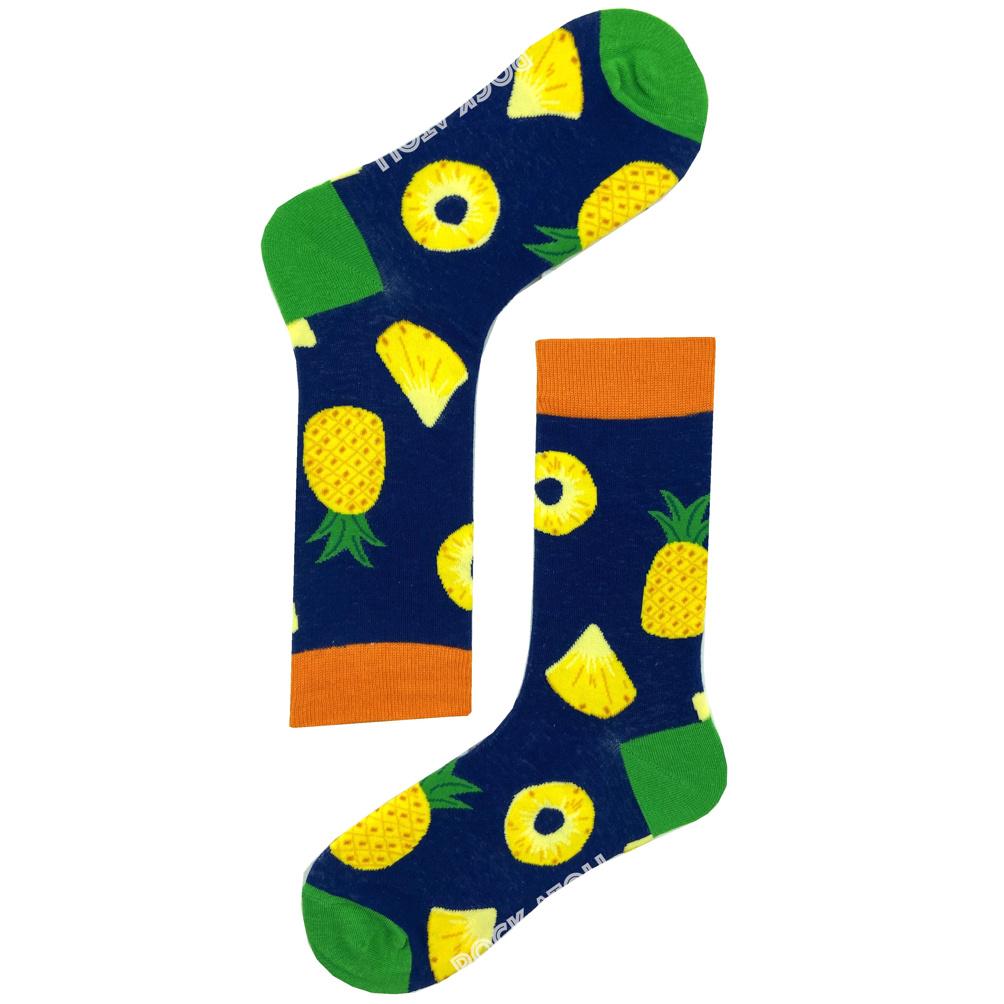 Navy Blue Tropical Fruit Themed Juicy Pineapple Patterned Dress Socks