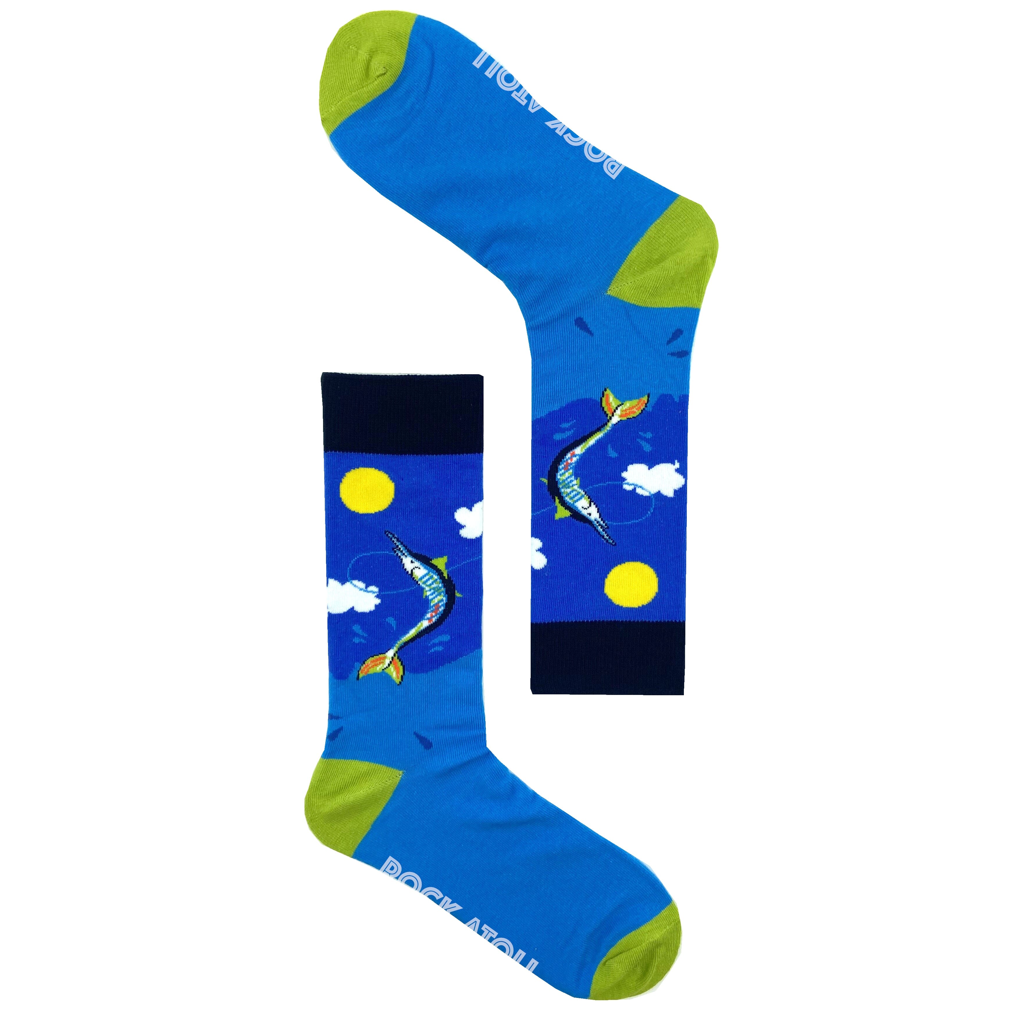 Unisex Fishing Inspired Blue Marlin Fish Patterned Novelty Crew Socks