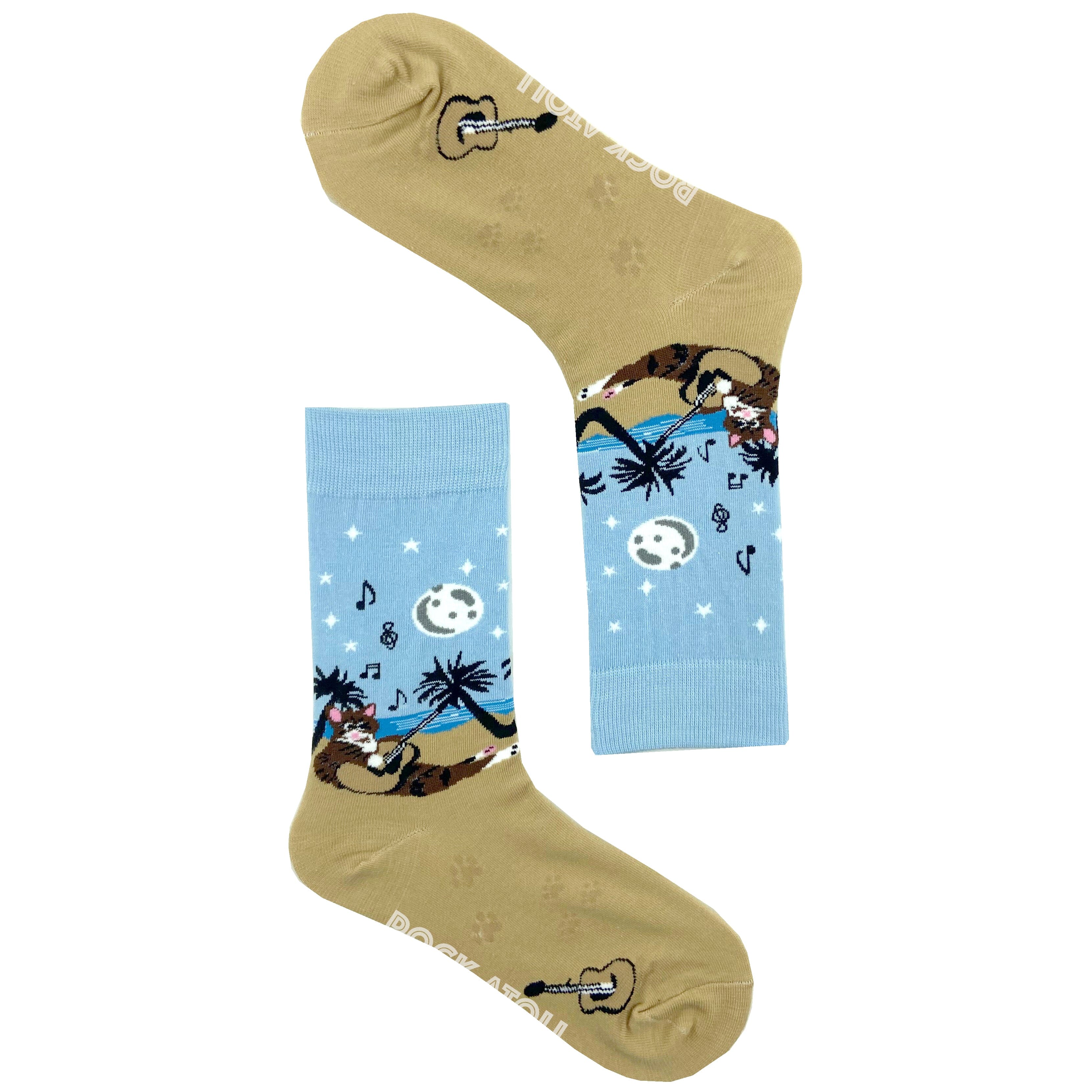 Kitty Cat Playing The Guitar On the Beach All Over Print Novelty Socks