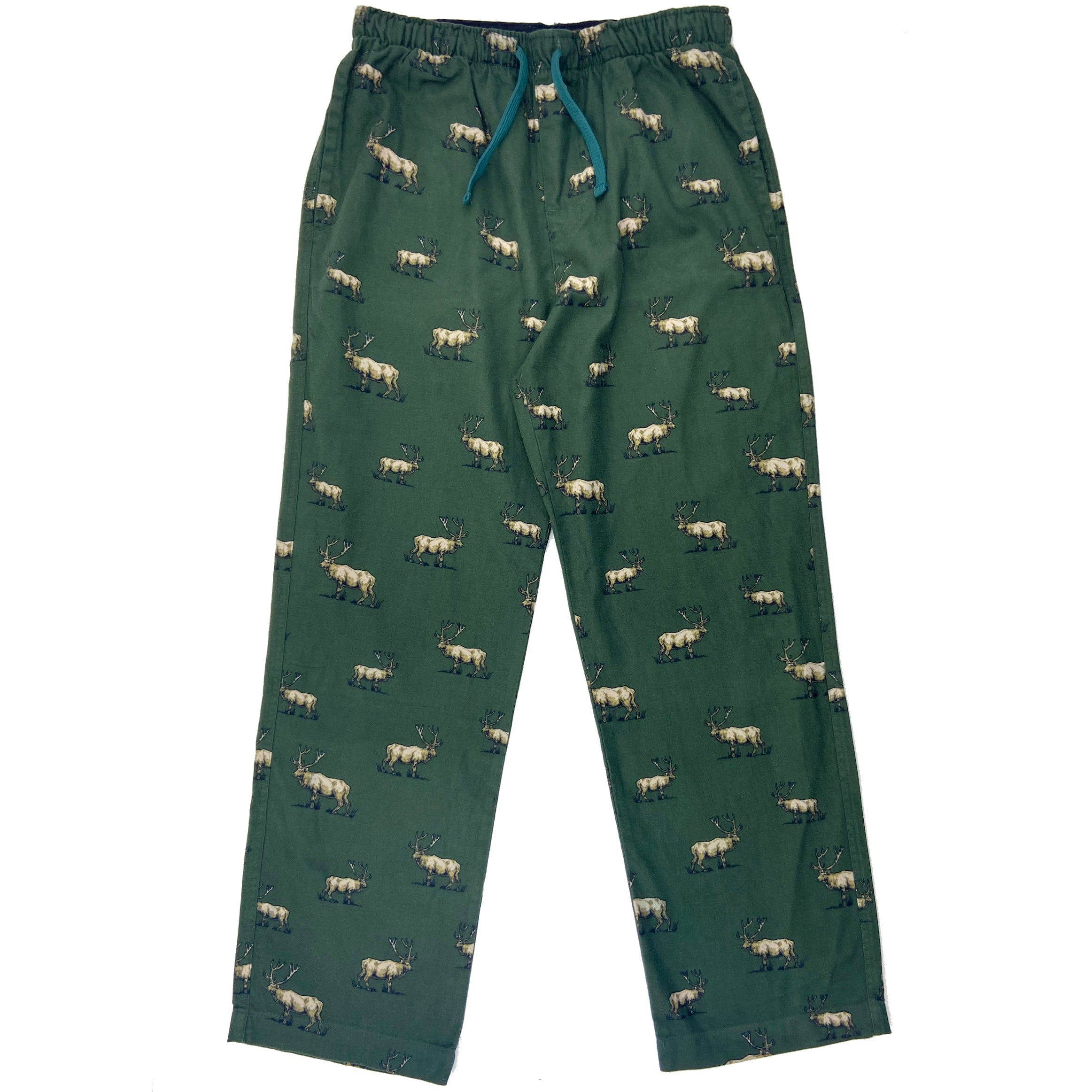 Men's Elk Deer Moose All Over Print Thick Cotton Long PJ Pajama Bottoms in Dark Green