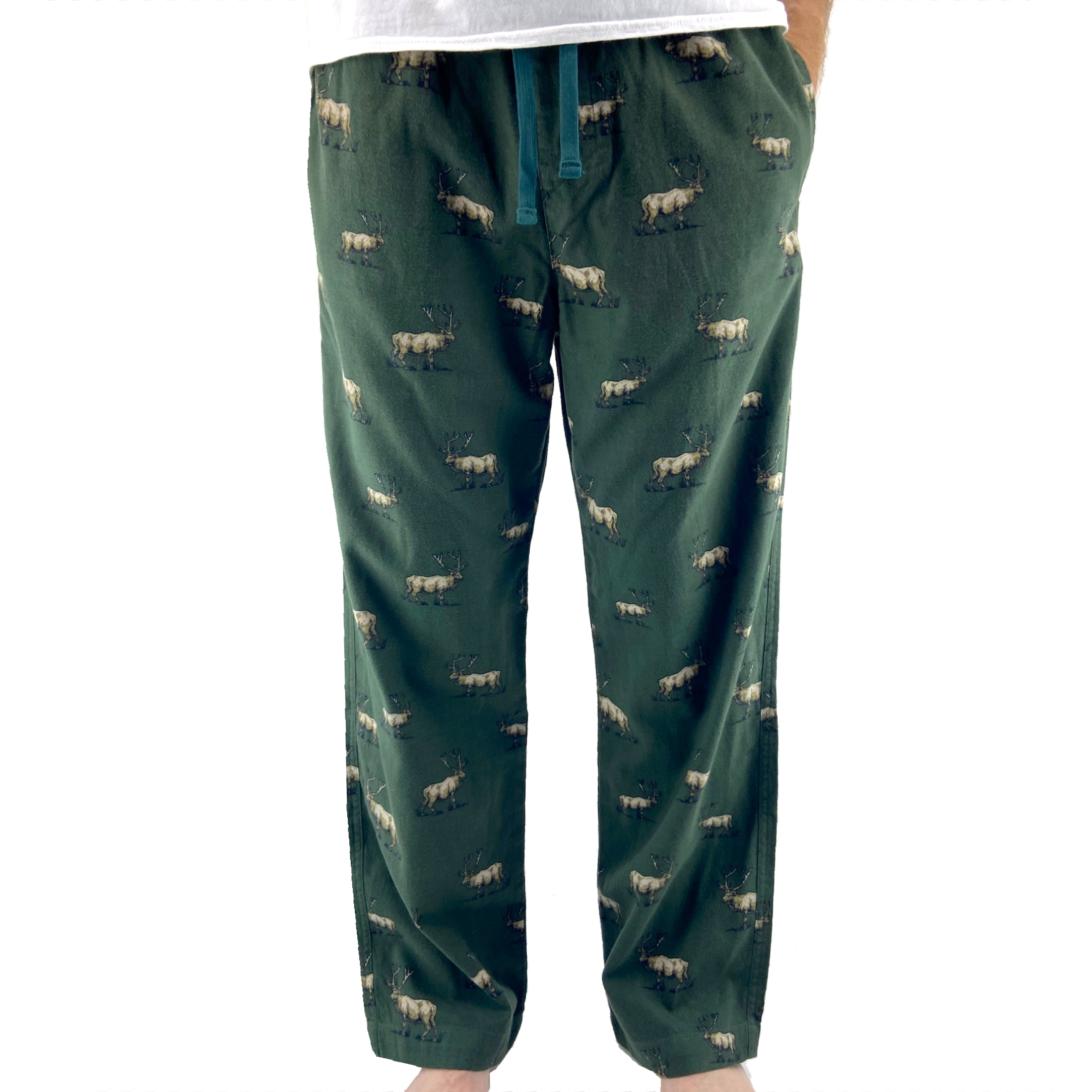 Men's Elk Deer Moose All Over Print Thick Cotton Long PJ Pajama Bottoms in Dark Green