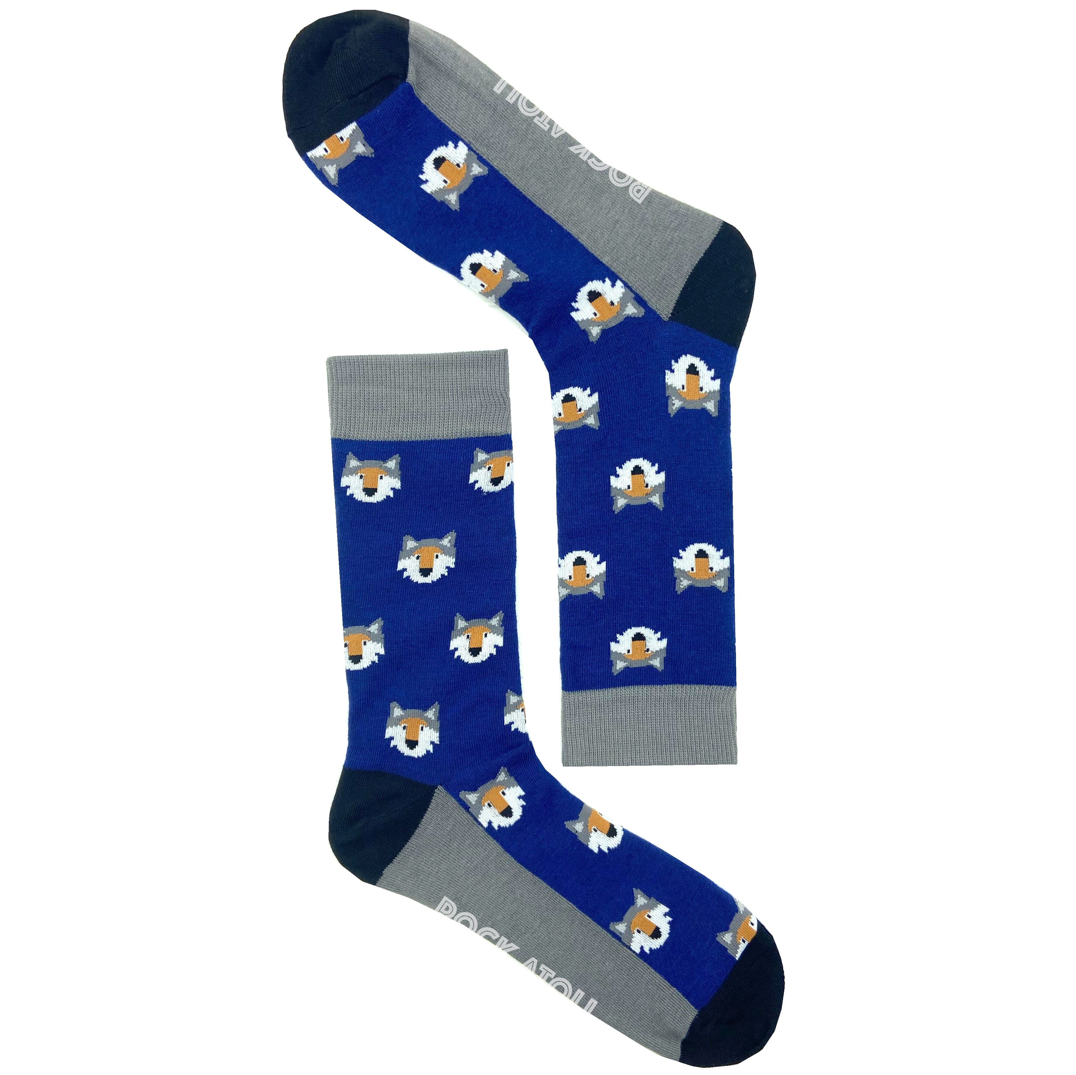 Unisex Navy Blue Wild Wolves Patterned Cotton Novelty Crew Socks