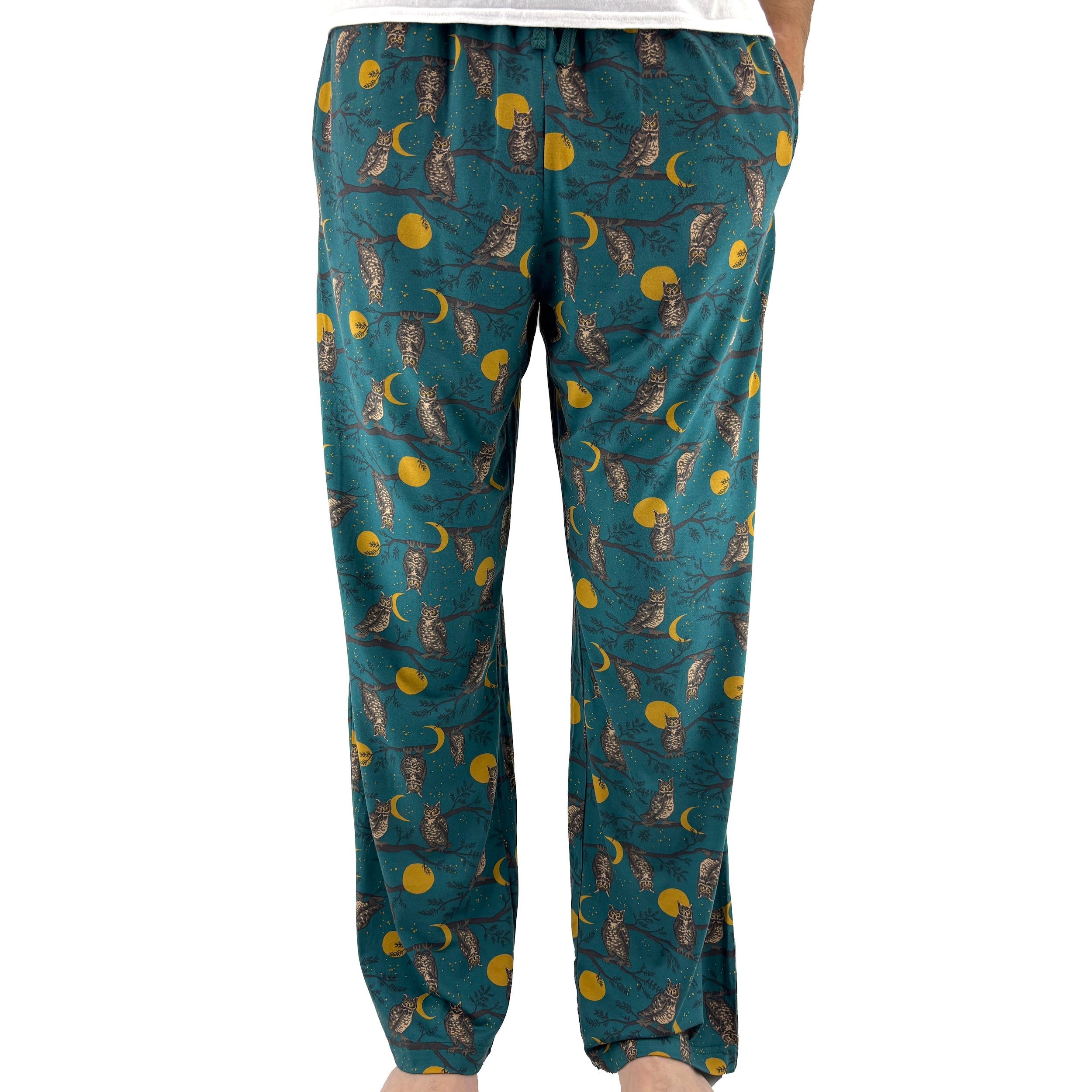 Men's Owl Bird Against a Moon Lit Night Sky Print Cotton Pajama Pants