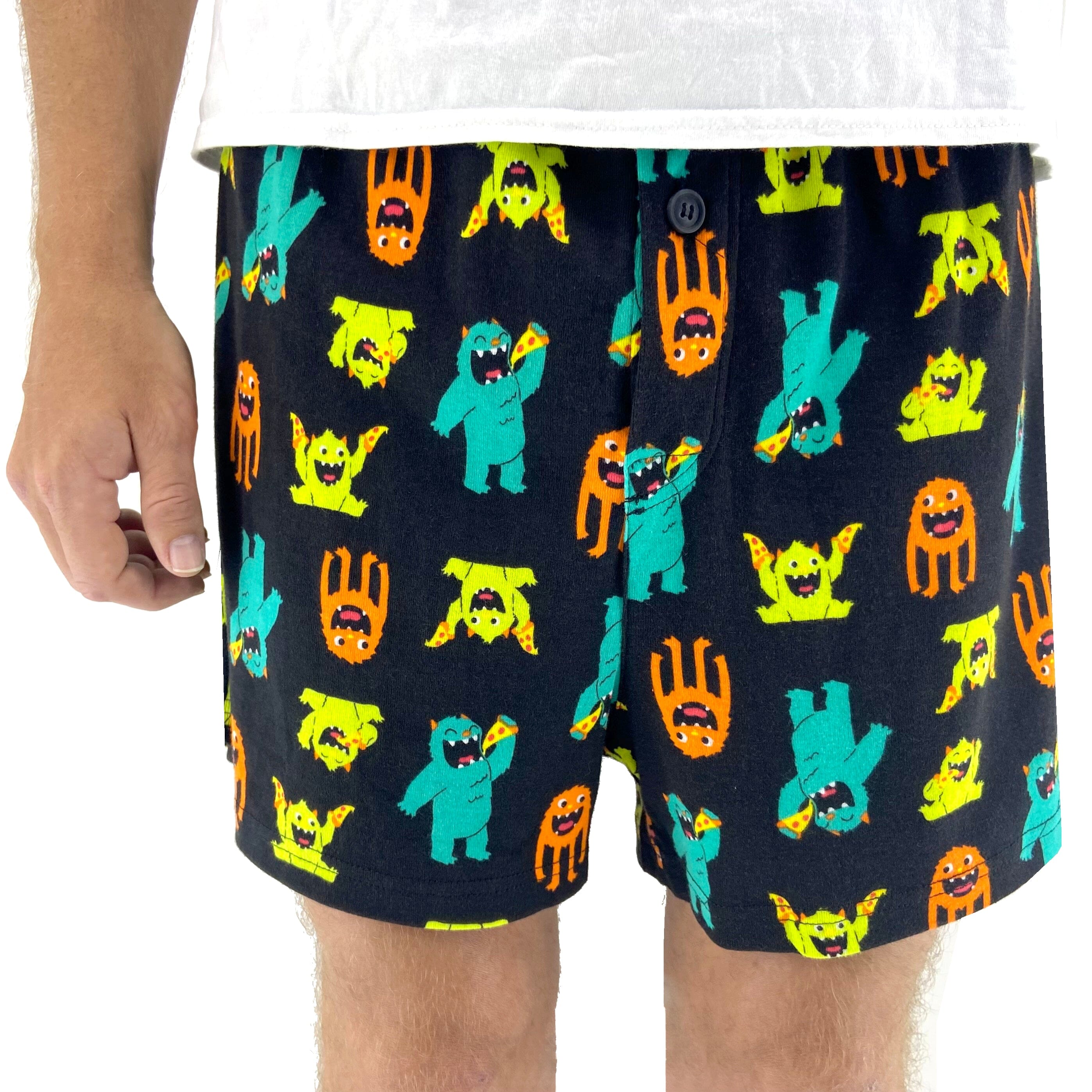 Men s Comfy Pizza Monster Patterned Cotton Knit Pajama Sleep Shorts