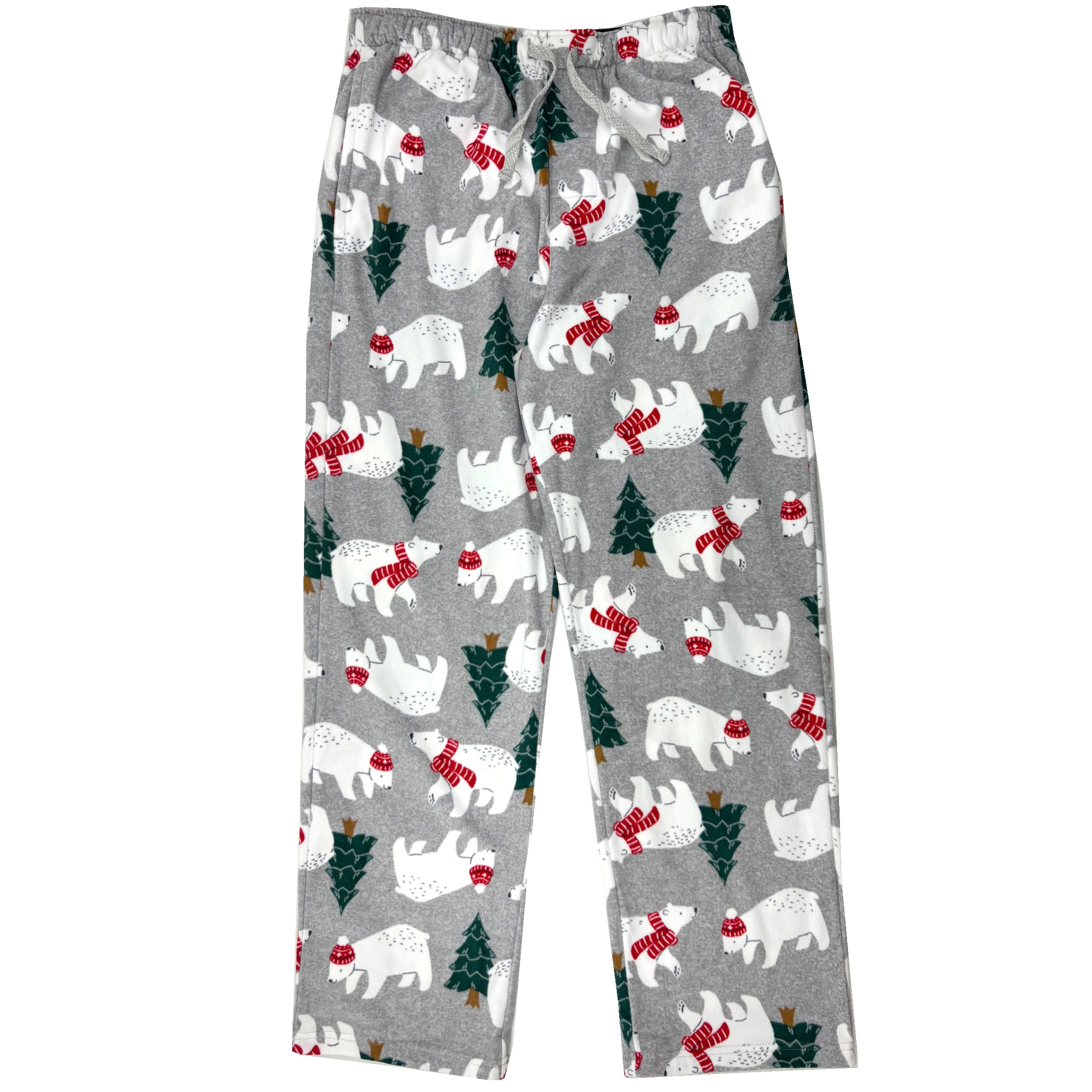 Light Grey Christmas Polar Bear Patterned Long Fleece Pajama PJ Pants