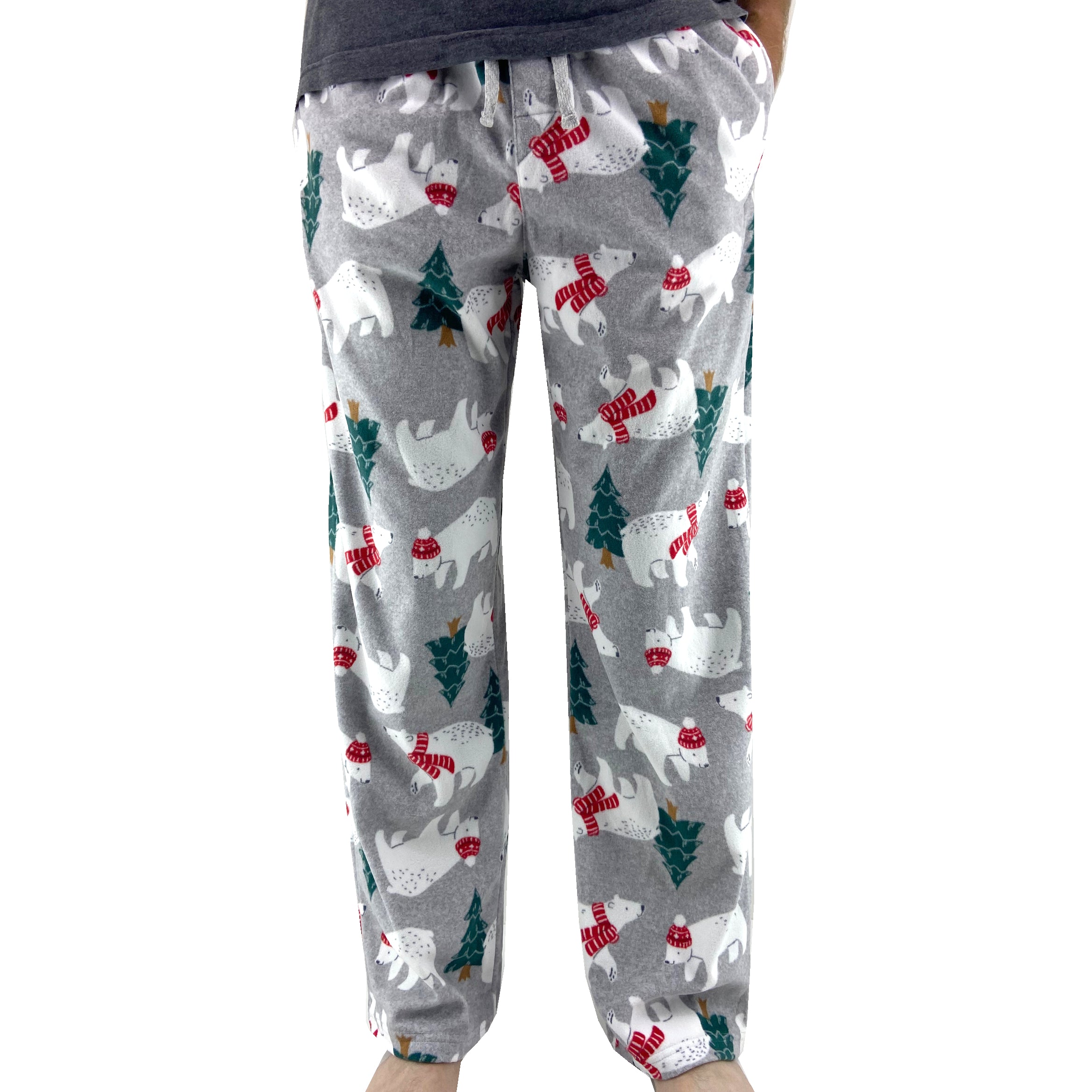 Light Grey Christmas Polar Bear Patterned Long Fleece Pajama PJ Pants