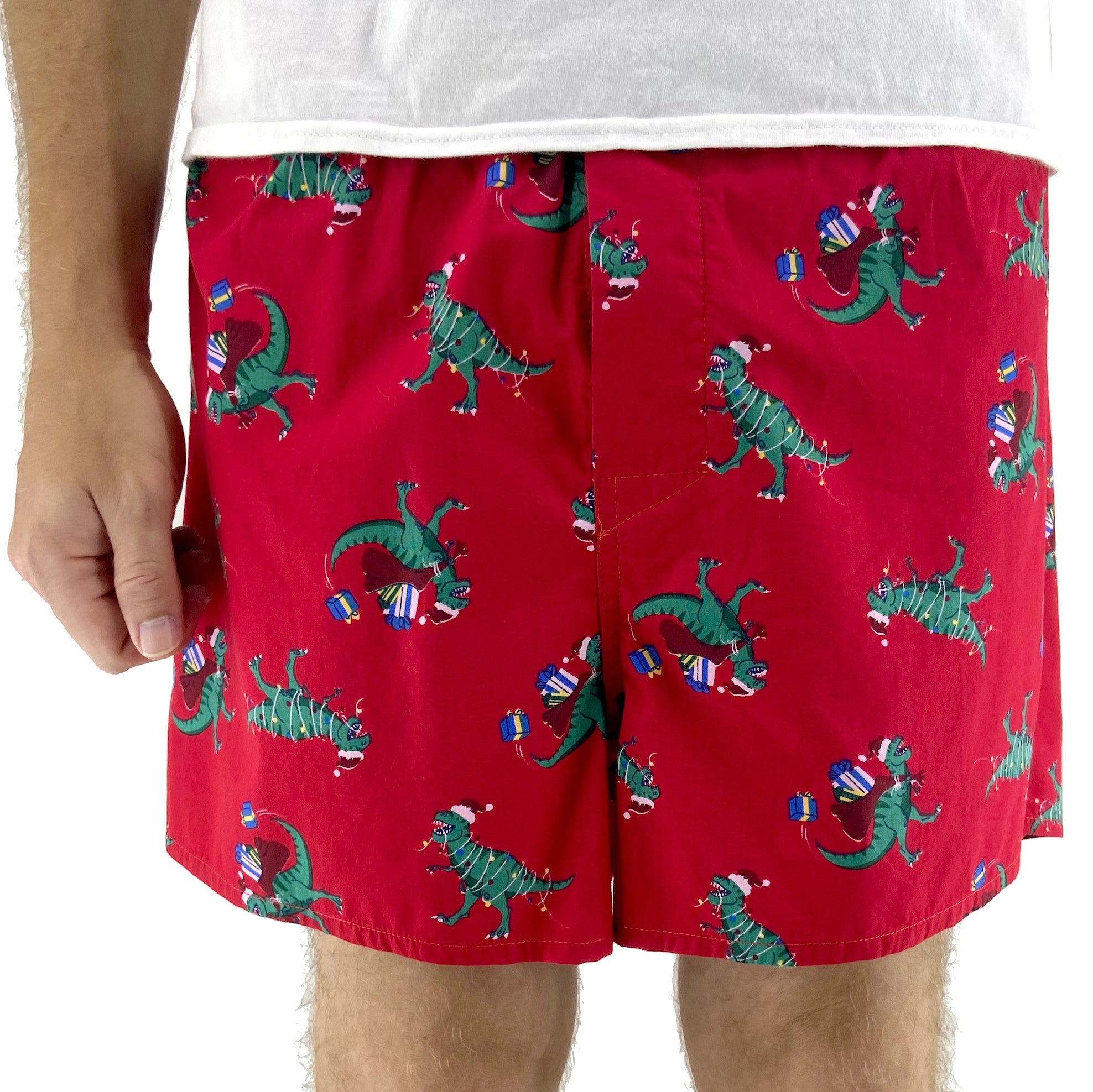 Fun Festive T-Rex Dinosaur As Santa Patterned Christmas Boxer Shorts