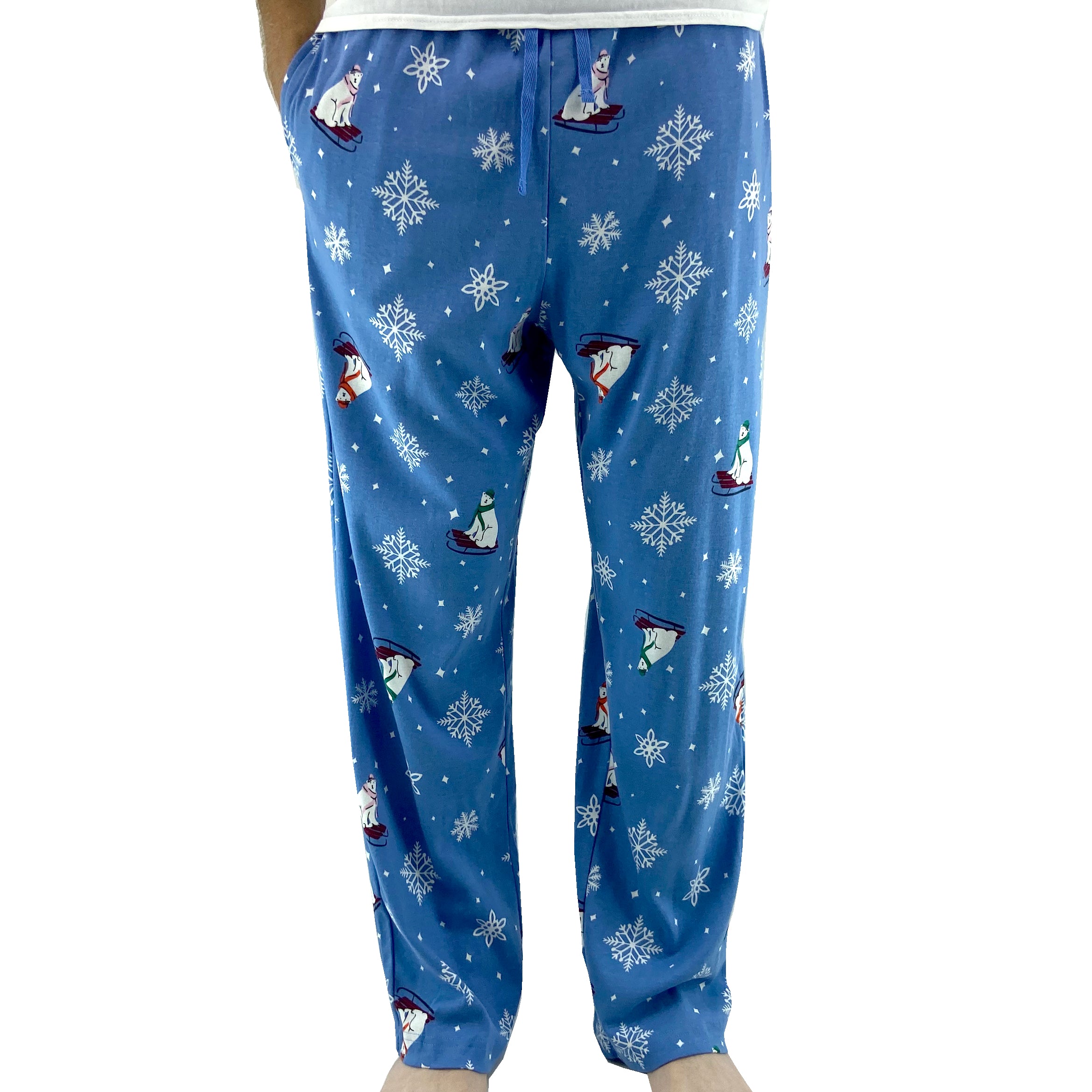 Men's Polar Bears on Snow Sleds Patterned Cotton Knit Pajama PJ Pants