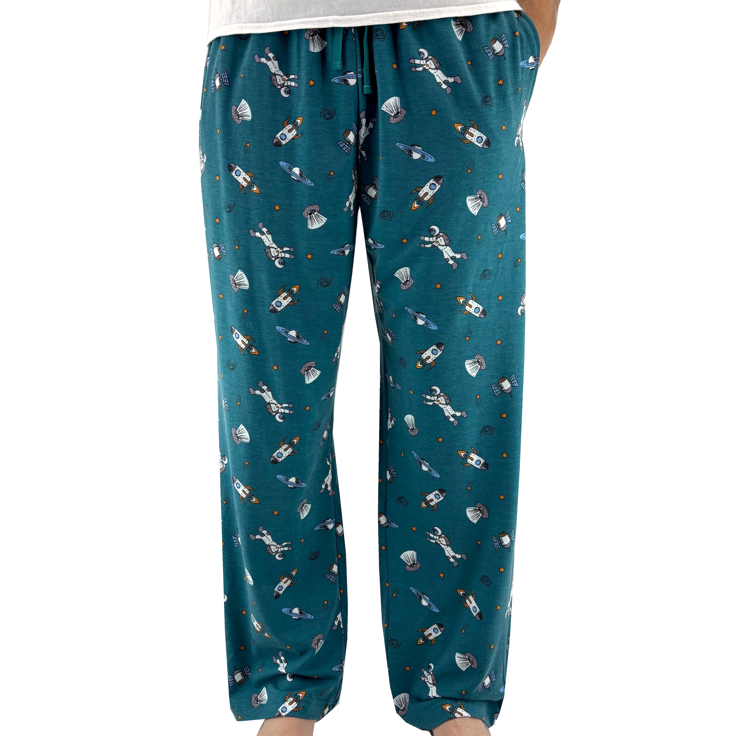 Men's Outer Space Inspired Saturn Print Jersey Knit Long Pyjama Pants