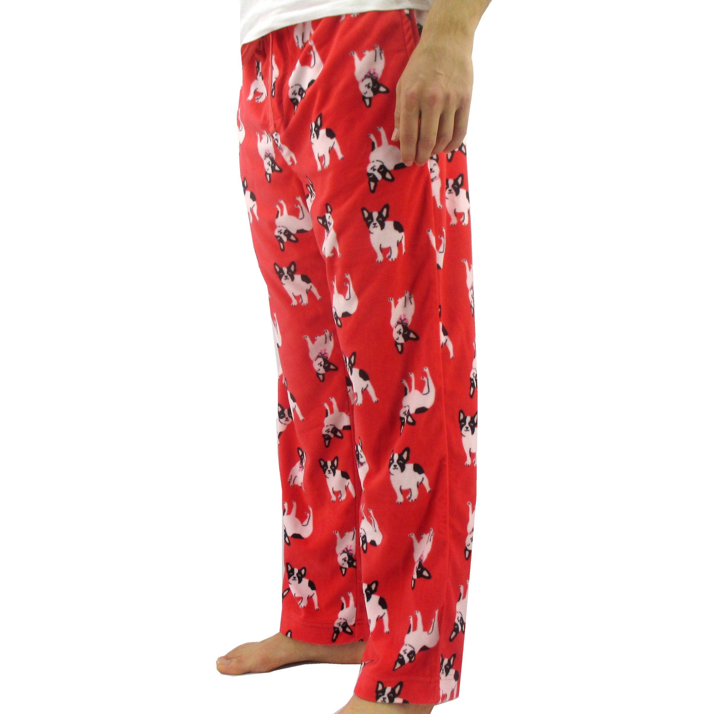 Men s Adult French Bulldog All Over Print Red Fleece Pajama Bottoms